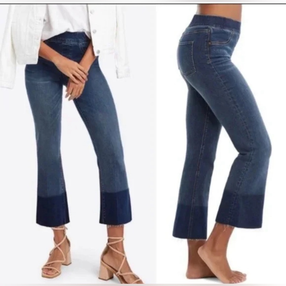 SPANX High Rise Dip Dye Colorblock Raw Hem Crop Flare Pull On Jeans Large - Picture 1 of 10
